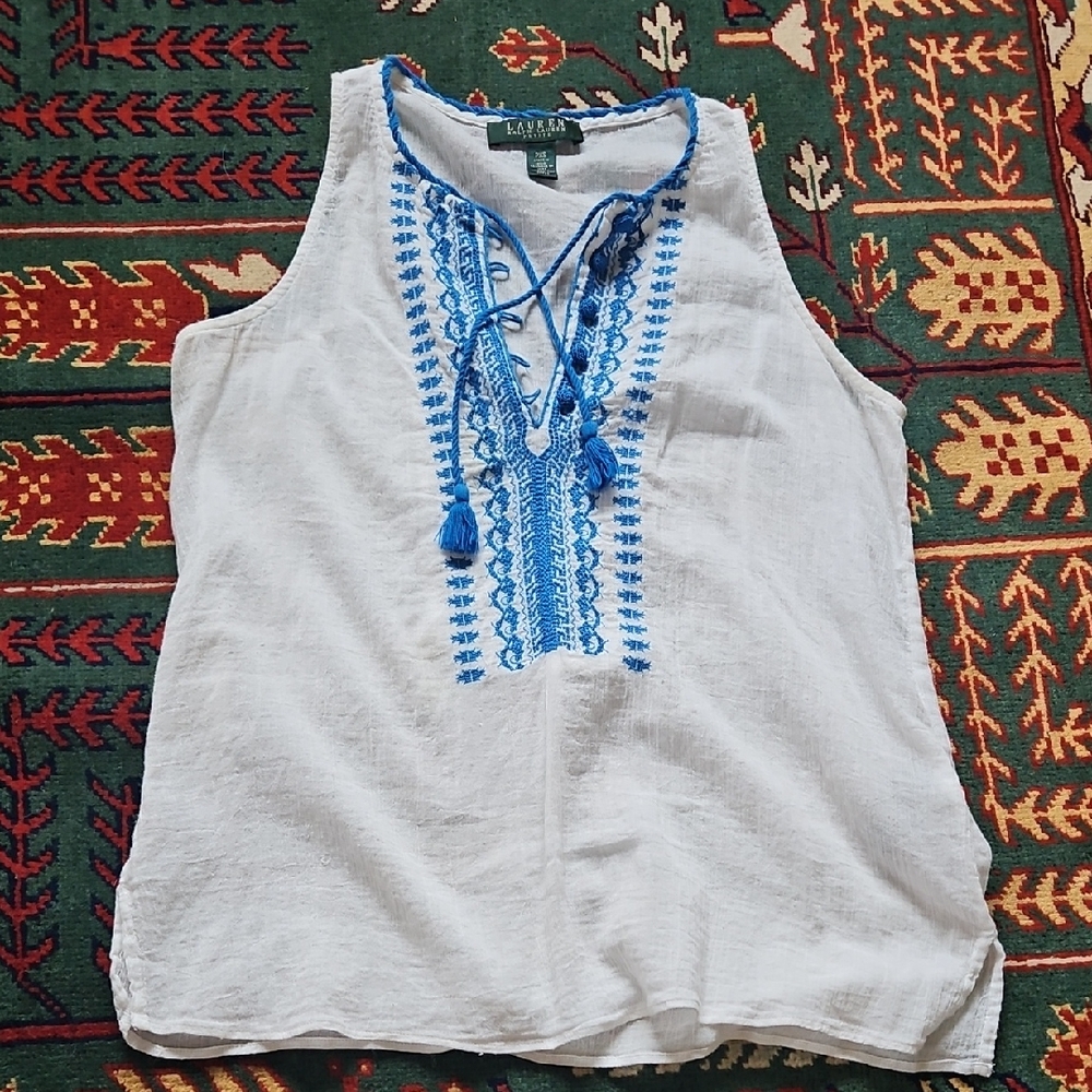 Lauren Ralph Lauren White Tank with Blue Embroidery Small Petite